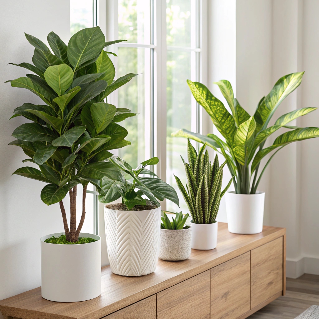 Studio interior with plants on natural wood surfaces